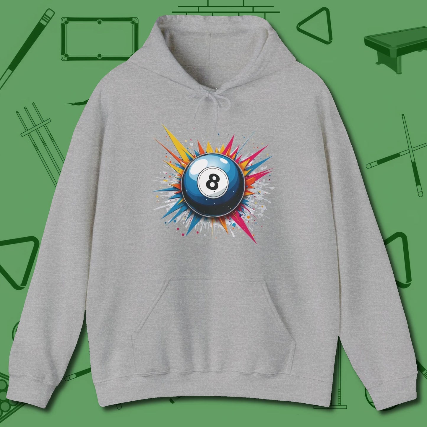 Eight Ball Explosion Hoodie, front view, in Sport Grey where style and cue discipline collide