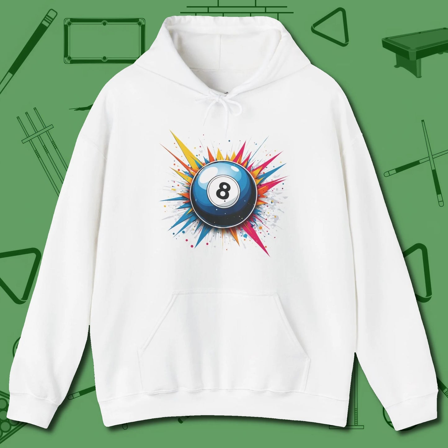 Eight Ball Explosion Hoodie, front view, in White strike fear with swagger and precision
