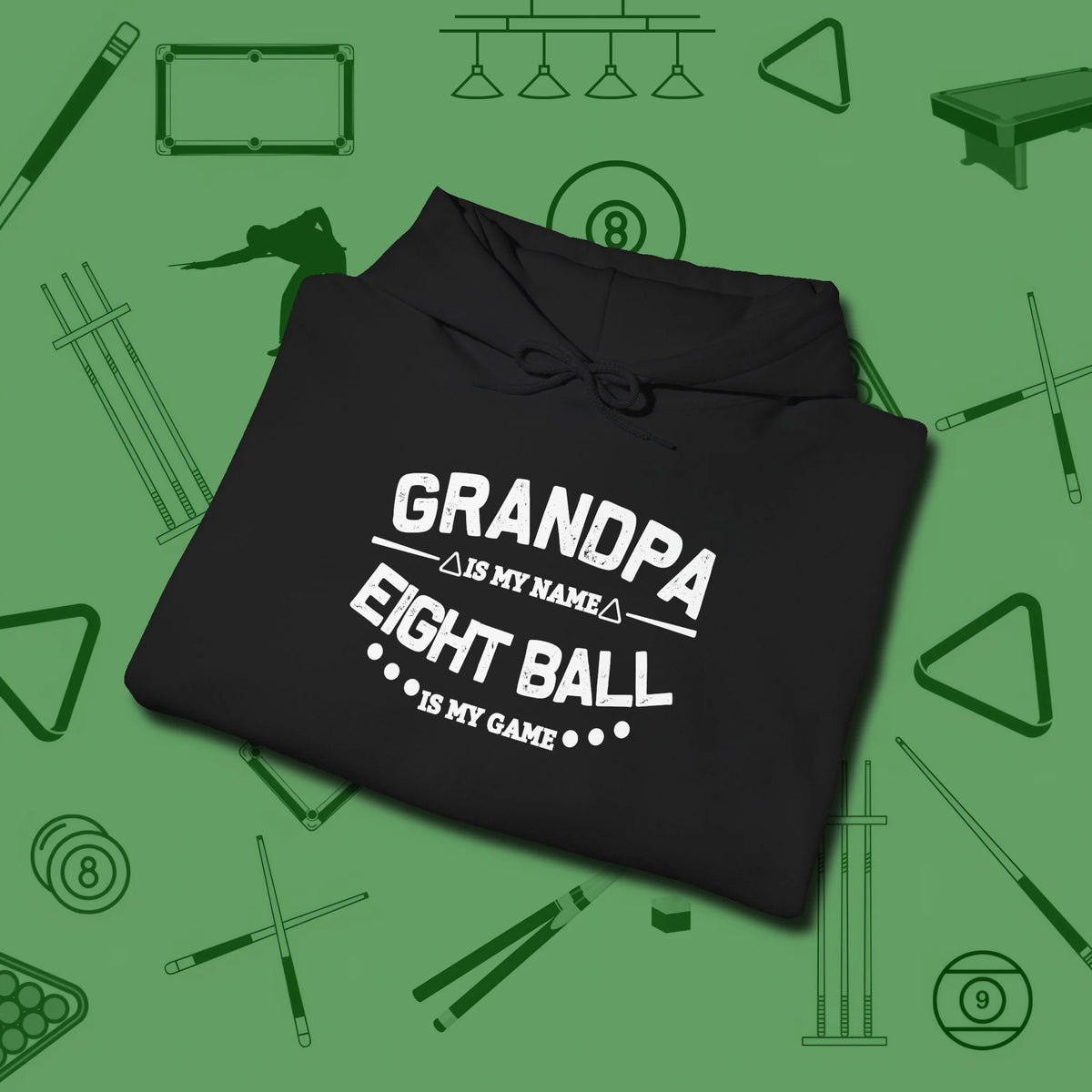 Eight Ball Grandpa Hoodie, folded view, in Black cue up respect every time you wear it