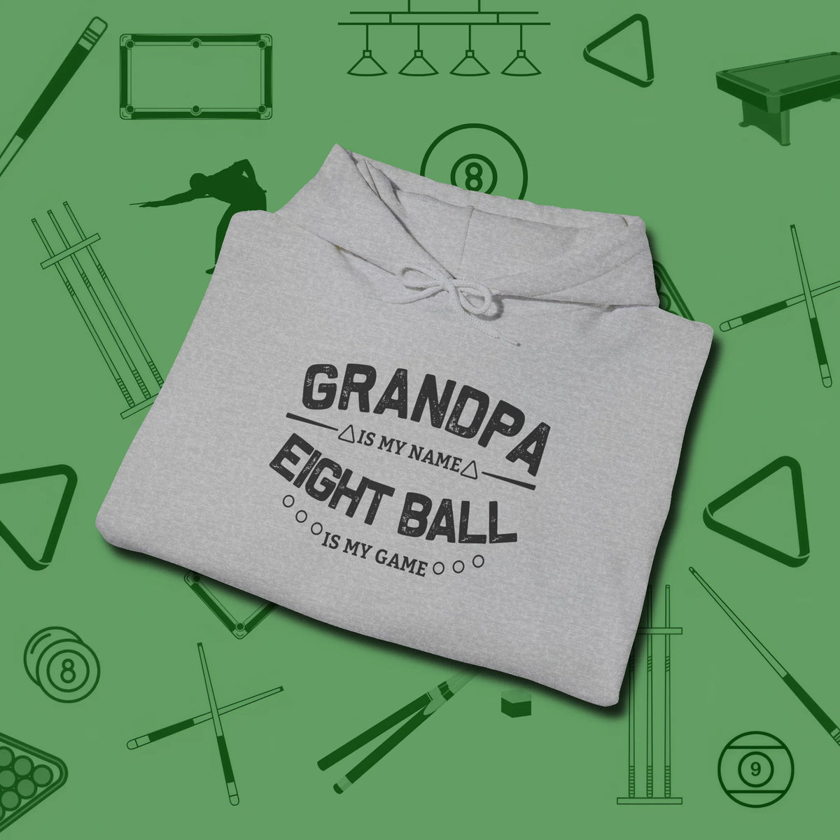 Eight Ball Grandpa Hoodie, folded view, in Sport Grey for shooters who dress like they play: sharp