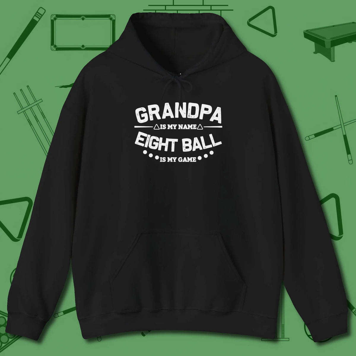 Eight Ball Grandpa Hoodie, front view, in Black cue up respect every time you wear it