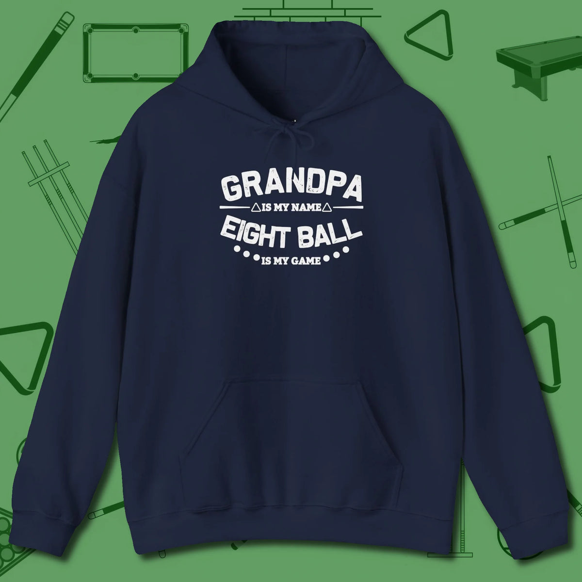 Eight Ball Grandpa Hoodie, front view, in Navy put your best game on display