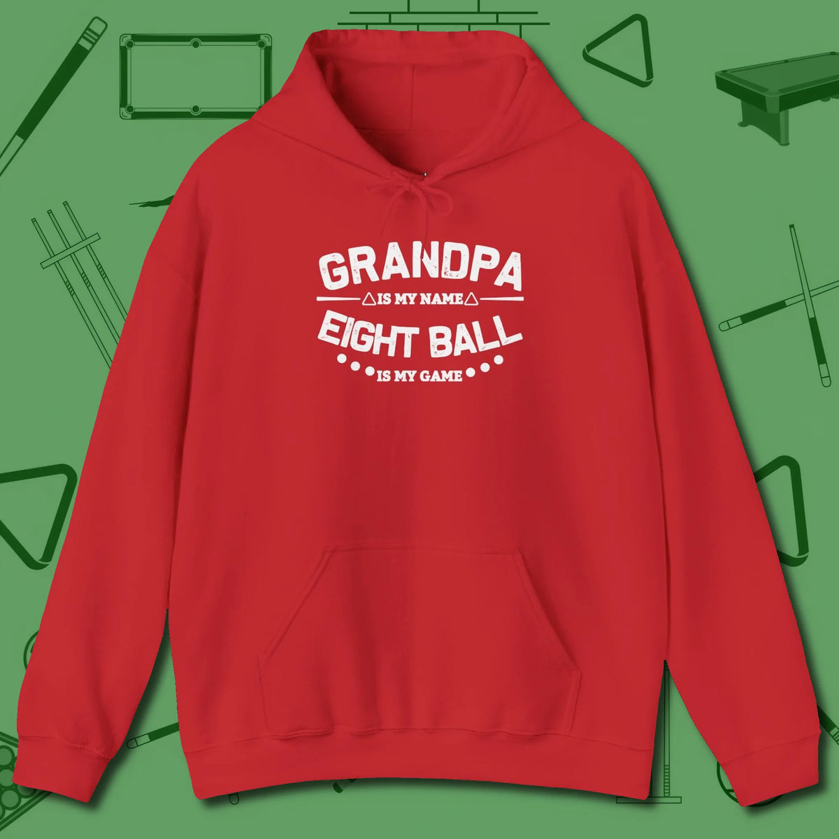 Eight Ball Grandpa Hoodie, front view, in Red designed for dead stroke and deadpan looks