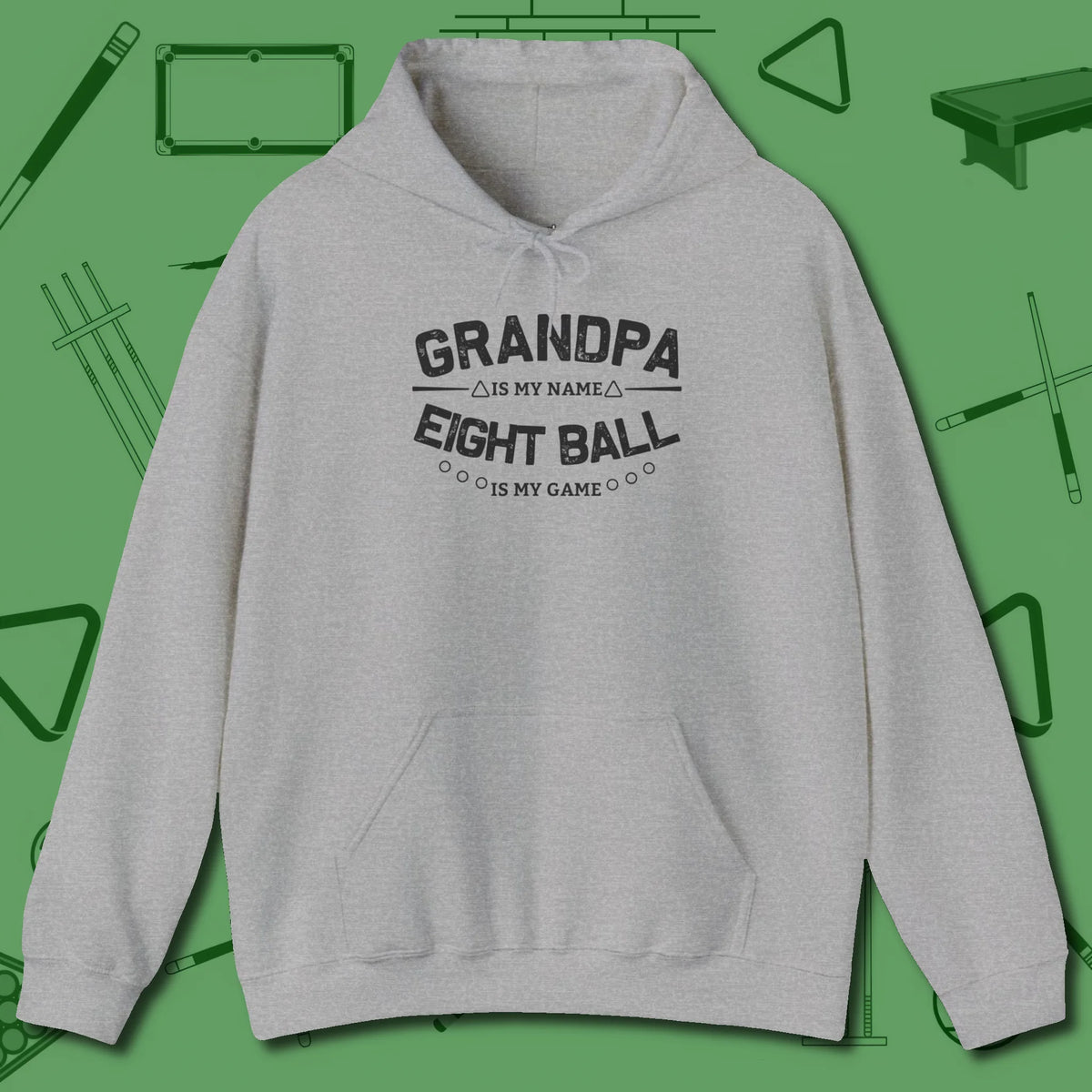 Eight Ball Grandpa Hoodie, front view, in Sport Grey cool under pressure, hot on the eyes