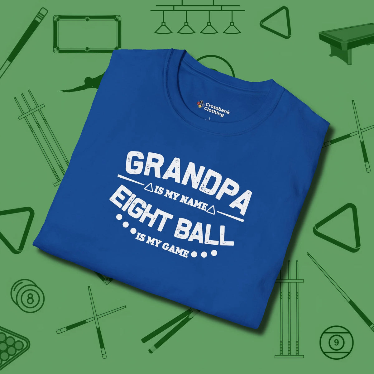 Eight Ball Grandpa T-Shirt, folded view, in Royal smart apparel for strategic players