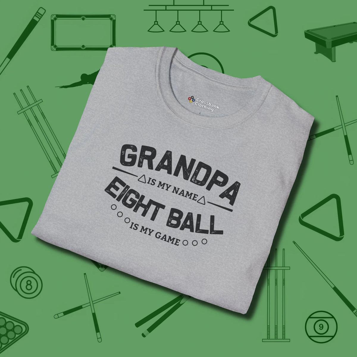 Eight Ball Grandpa T-Shirt, folded view, in Sport Grey stitched for cue discipline and cool confidence