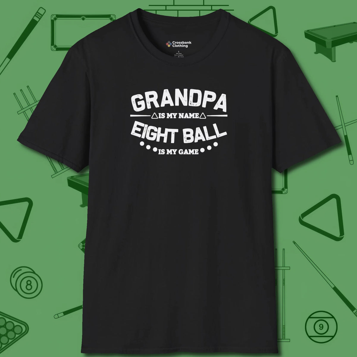 Eight Ball Grandpa T-Shirt, front view, in Black smart apparel for strategic players