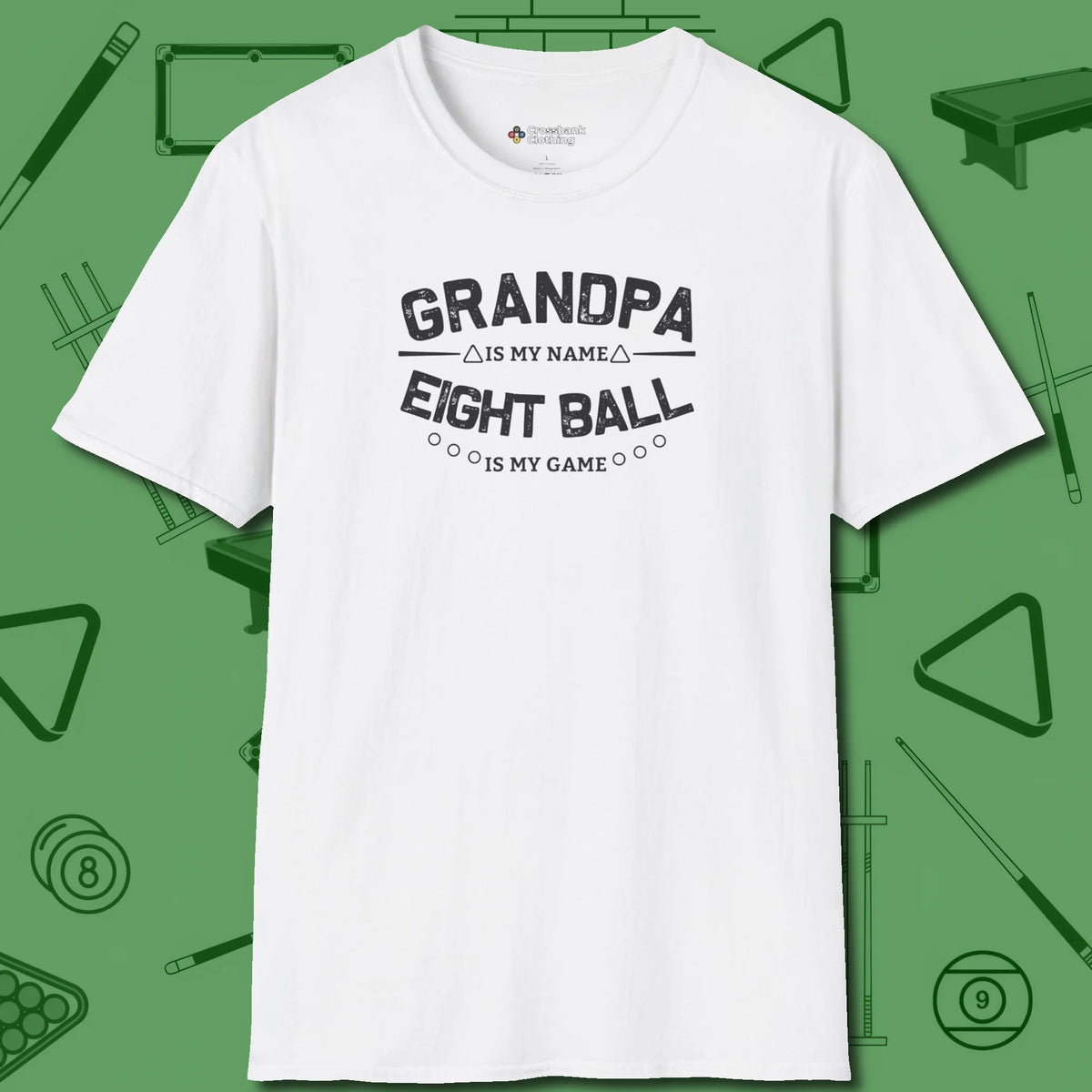 Eight Ball Grandpa T-Shirt, front view, in White make every shot — and outfit — count
