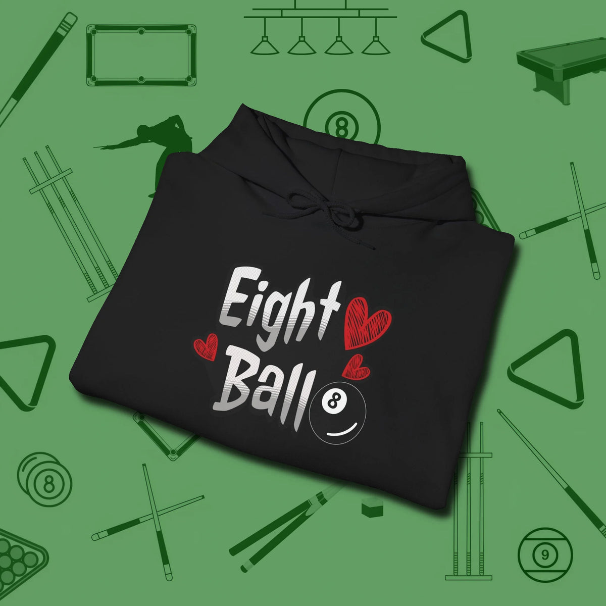 Eight Ball Hearts Billiards Hoodie, folded view, in Black poolroom style with tournament attitude