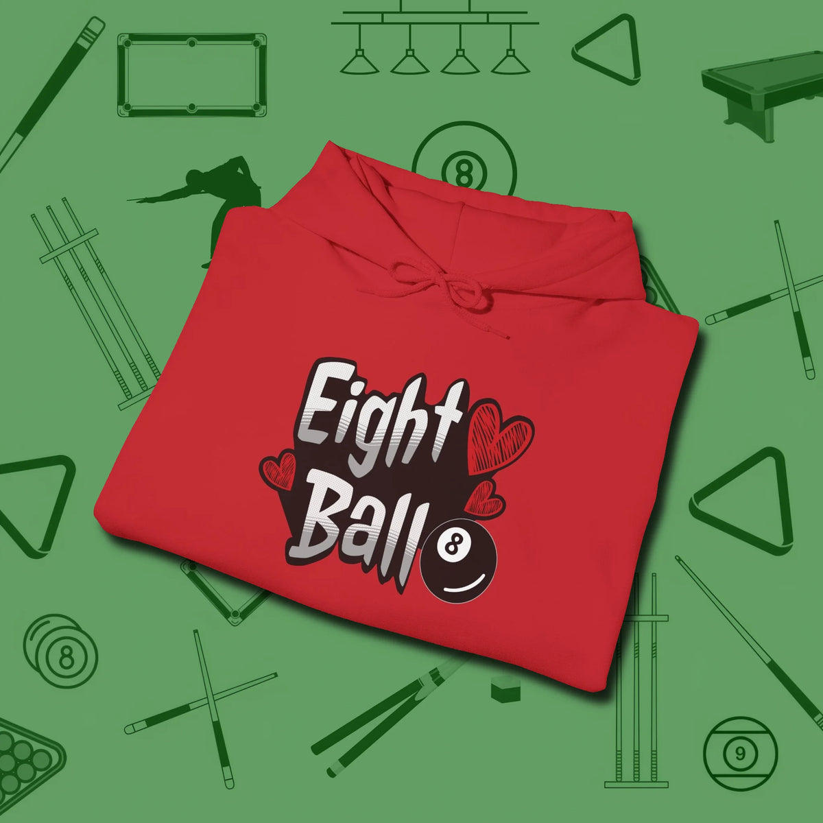 Eight Ball Hearts Billiards Hoodie, folded view, in Red from chalk to clutch, look the part