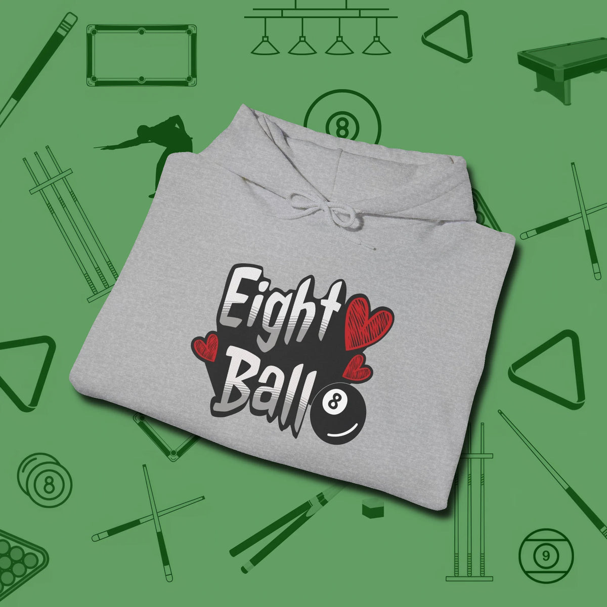Eight Ball Hearts Billiards Hoodie, folded view, in Sport Grey tough like your favorite break cue