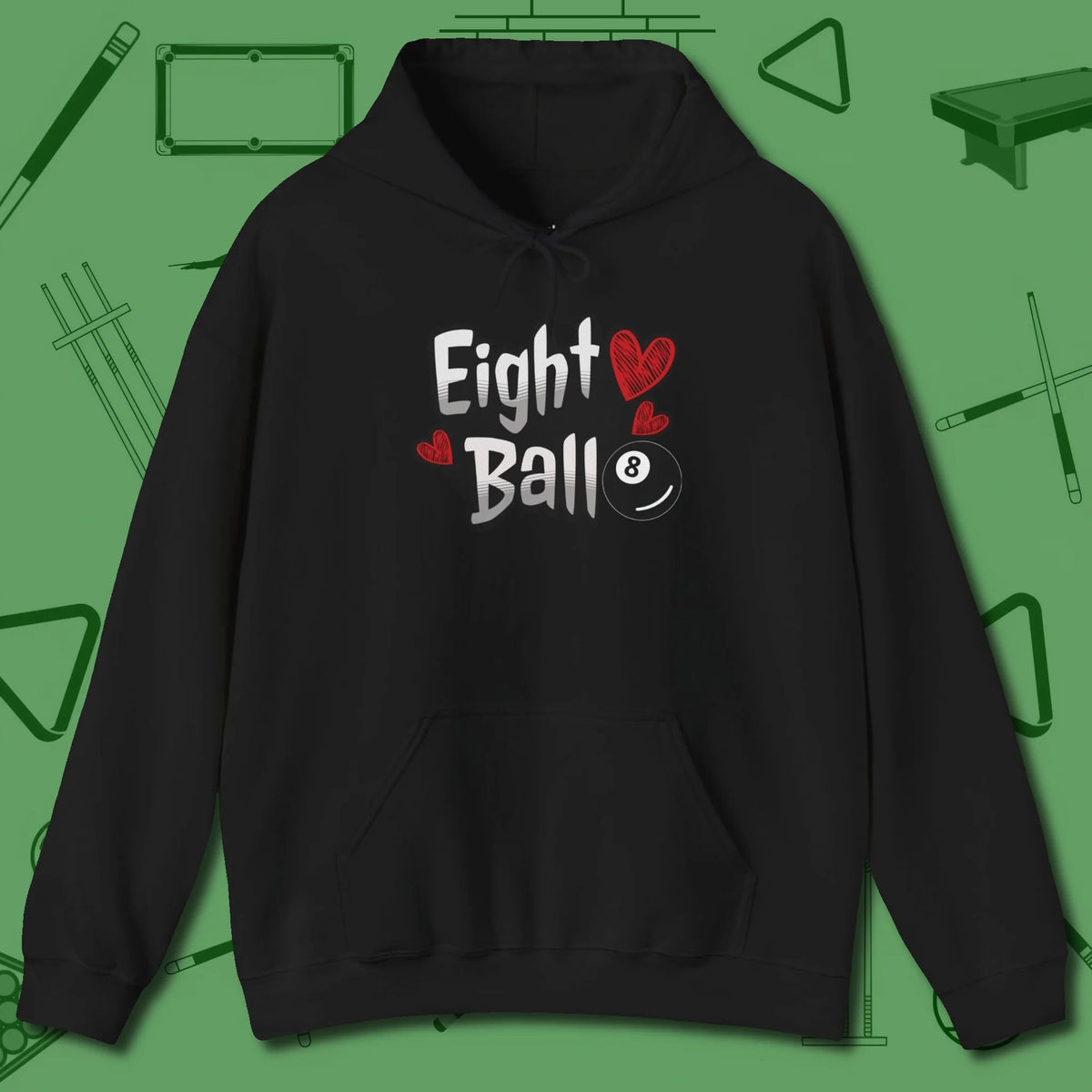 Eight Ball Hearts Billiards Hoodie, front view, in Black dress for the shot you want to take
