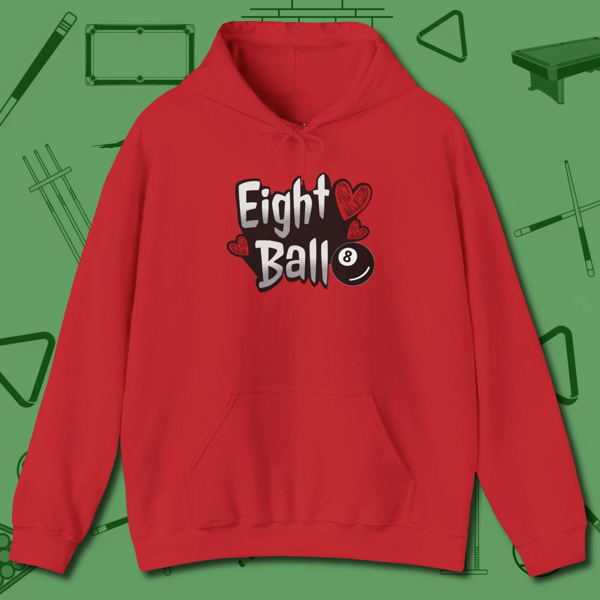 Eight Ball Hearts Billiards Hoodie, front view, in Red where cue control meets personal style