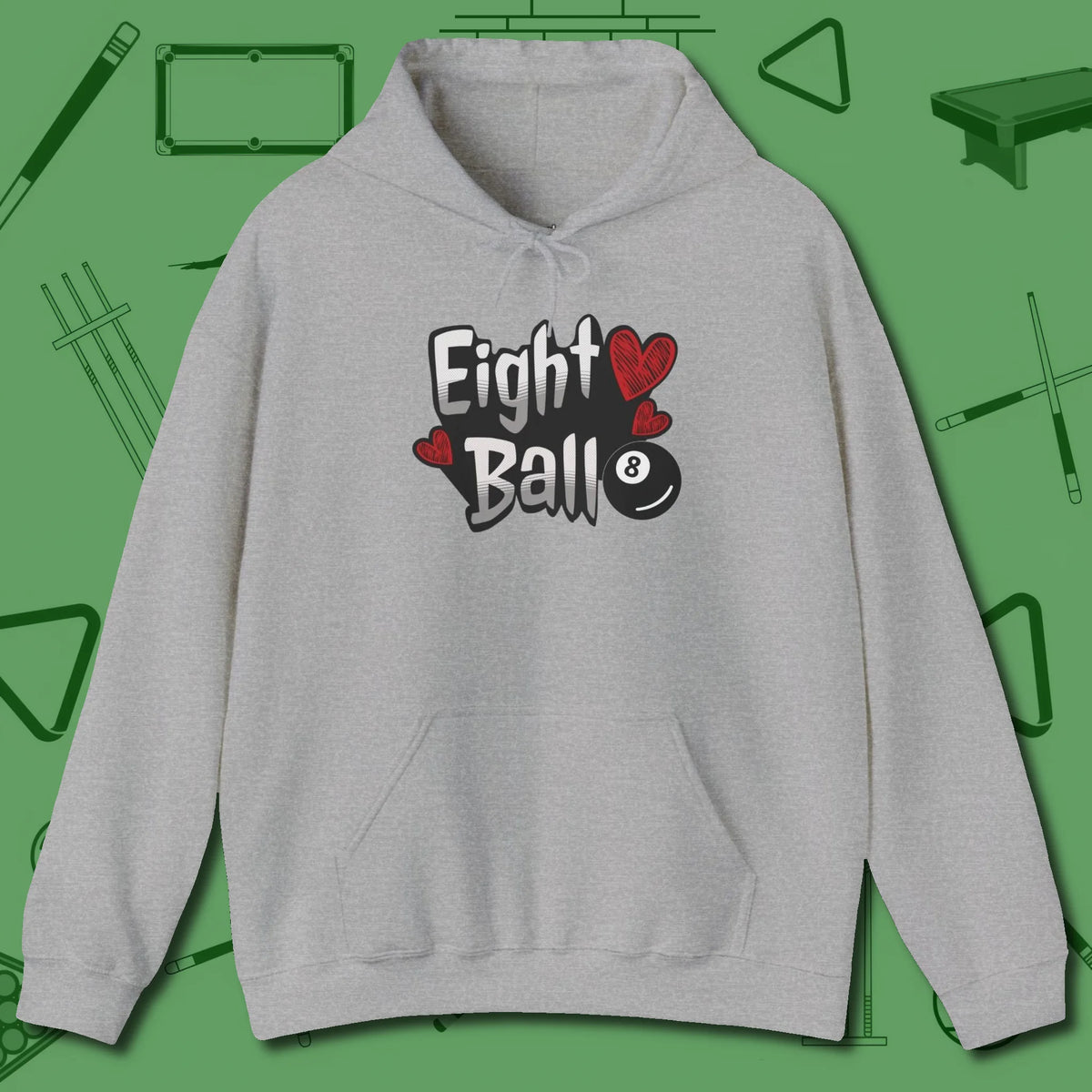 Eight Ball Hearts Billiards Hoodie, front view, in Sport Grey tough like your favorite break cue