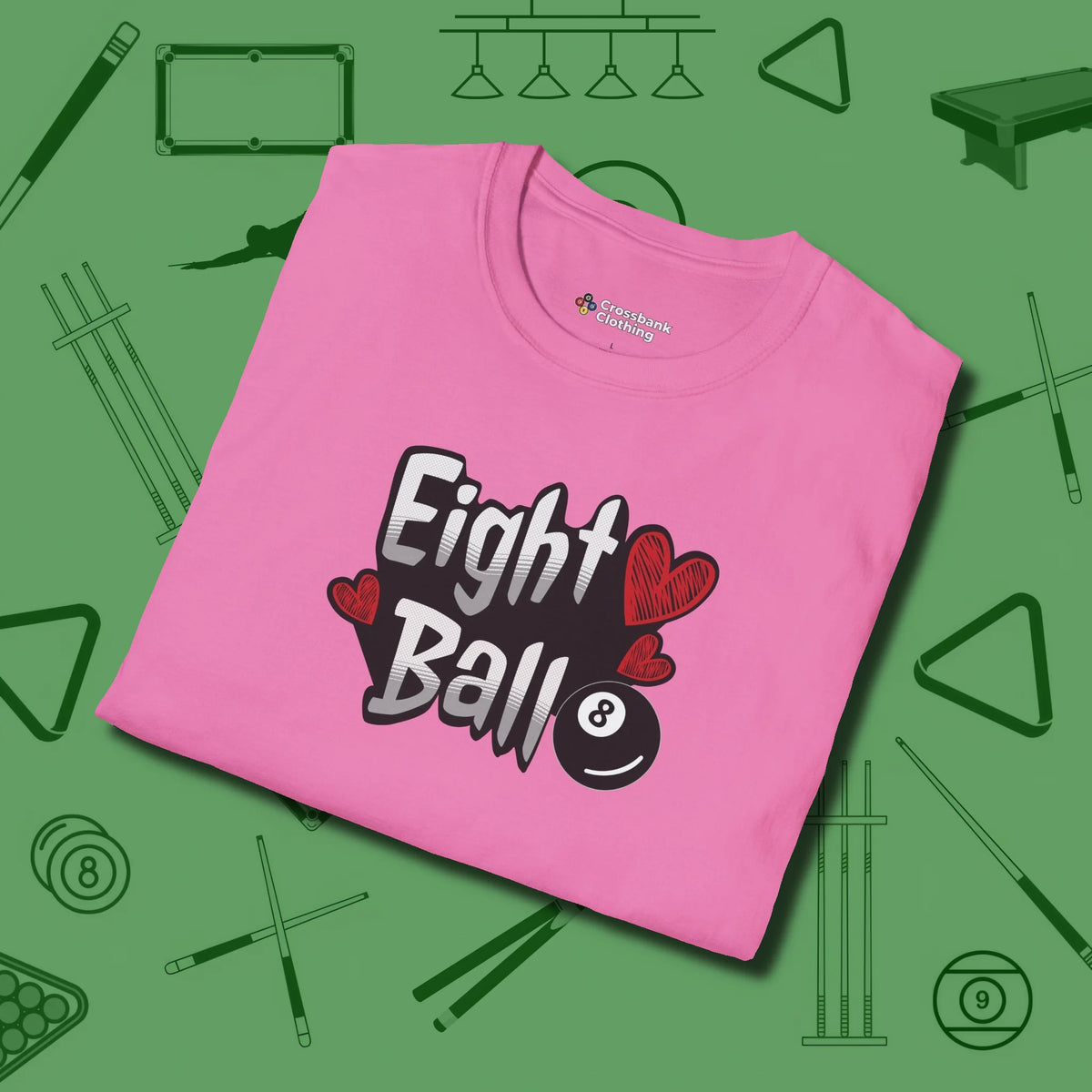 Eight Ball Hearts Billiards T-Shirt, folded view, in Azalea look good while calling your pocket