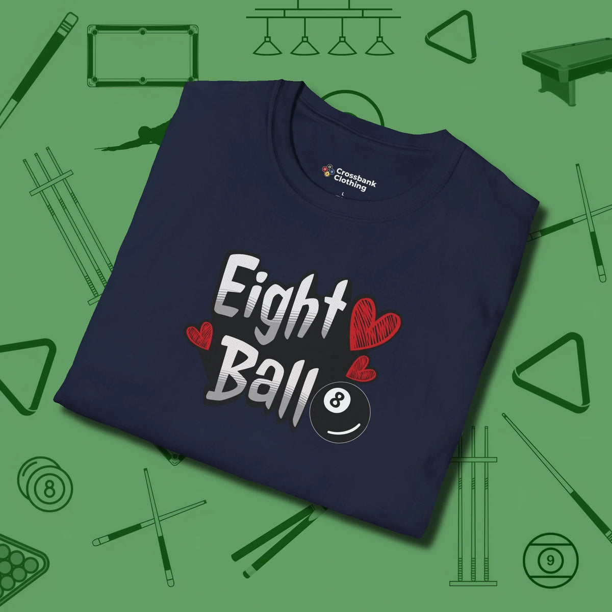 Eight Ball Hearts Billiards T-Shirt, folded view, in Navy it’s not a hobby — it’s a lifestyle