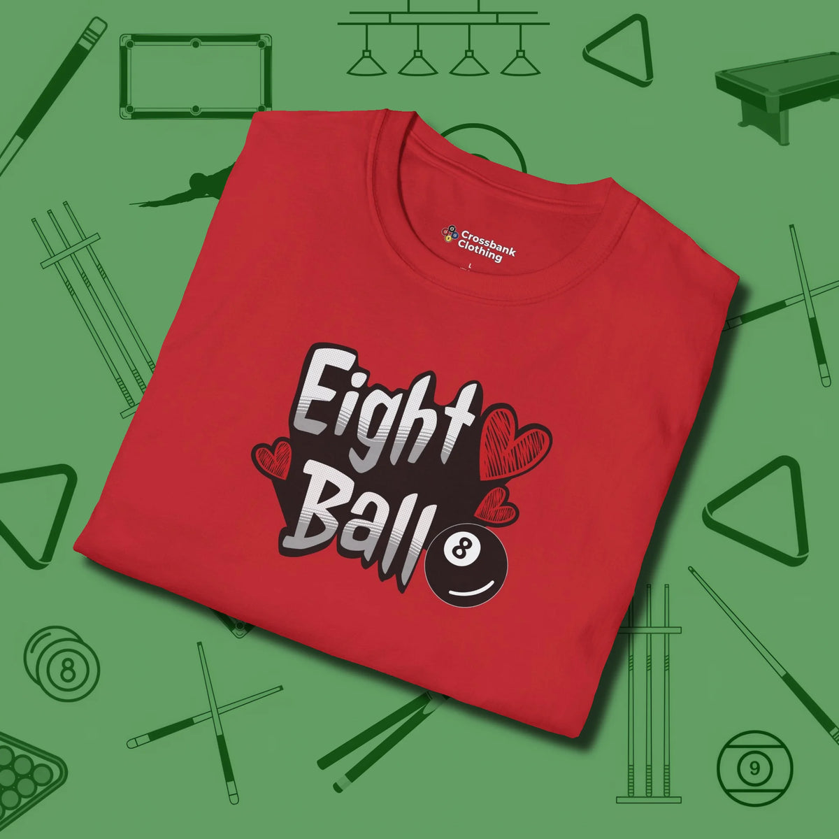 Eight Ball Hearts Billiards T-Shirt, folded view, in Red poolroom style with tournament attitude