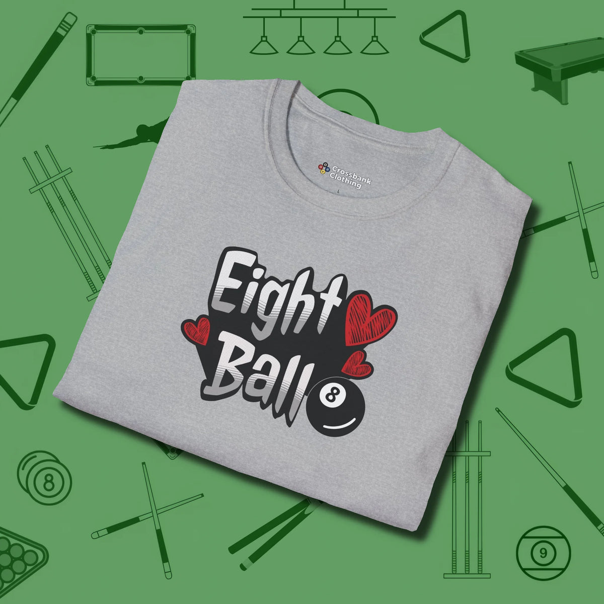 Eight Ball Hearts Billiards T-Shirt, folded view, in Sport Grey your secret weapon off the table