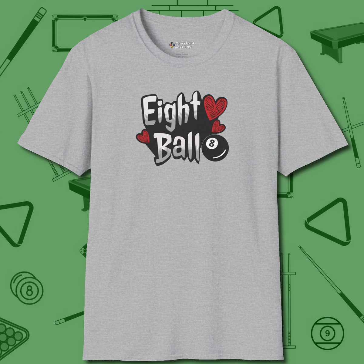 Eight Ball Hearts Billiards T-Shirt, front view, in Sport Grey not your average 8-ball graphic tee