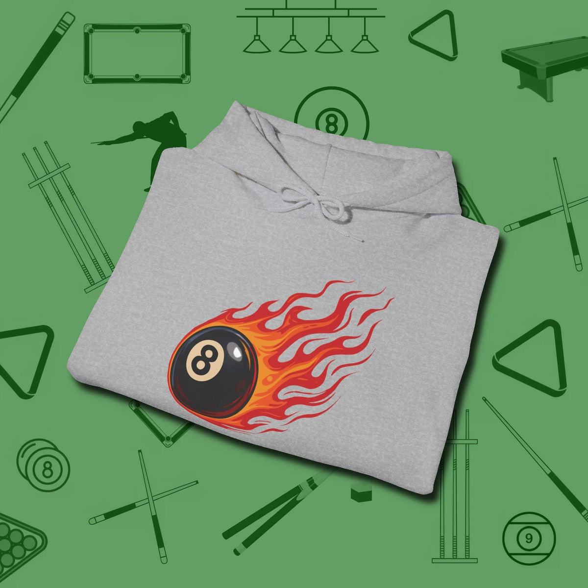 Eight Ball Inferno Hoodie, folded view, in Sport Grey made for pool sharks, not posers