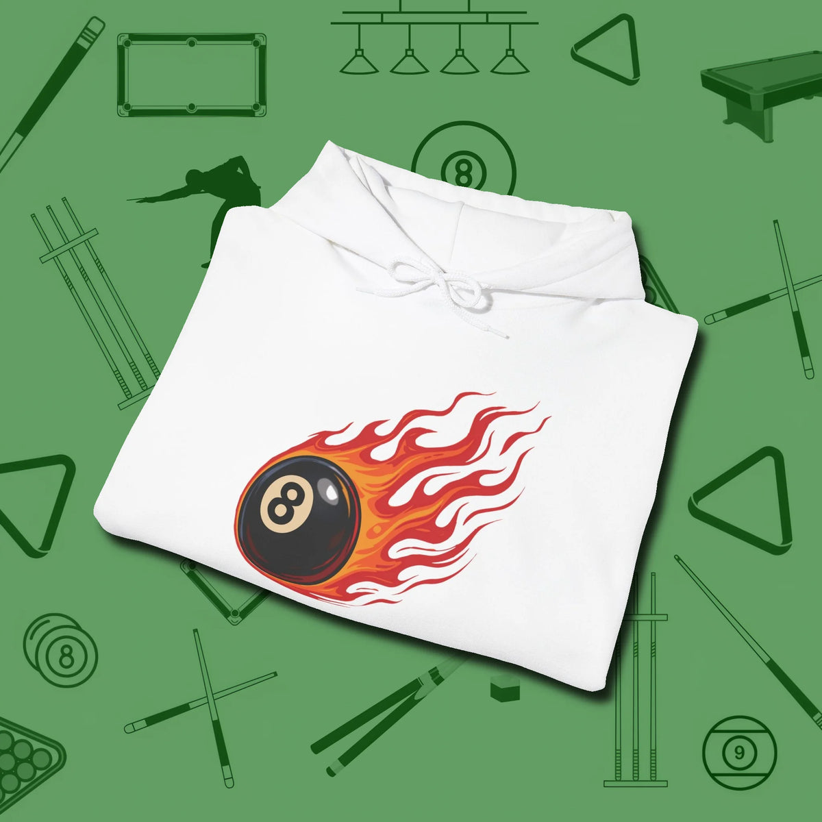 Eight Ball Inferno Hoodie, folded view, in White tough like your favorite break cue