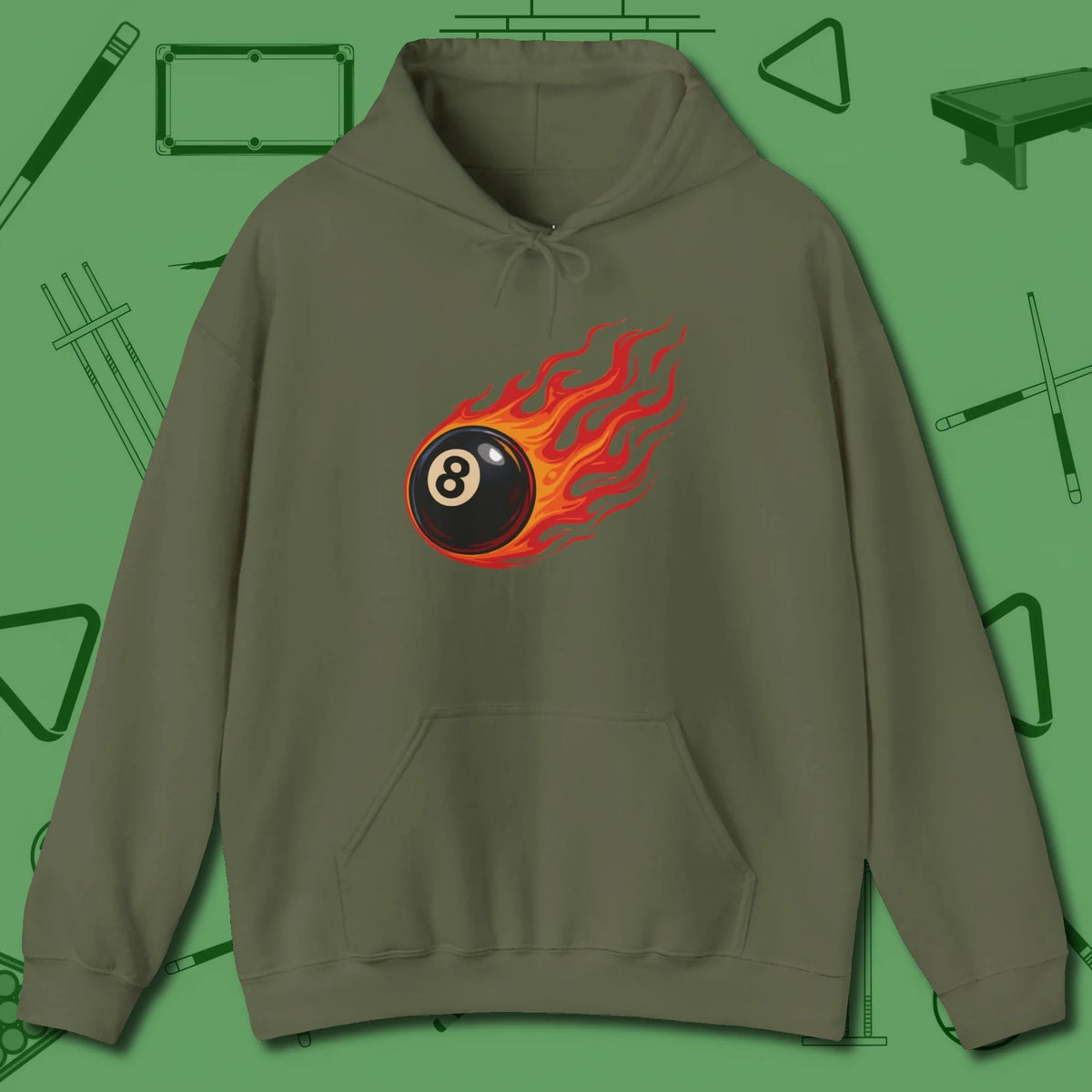 Eight Ball Inferno Hoodie, front view, in Military Green ideal for clean hits and clean fits