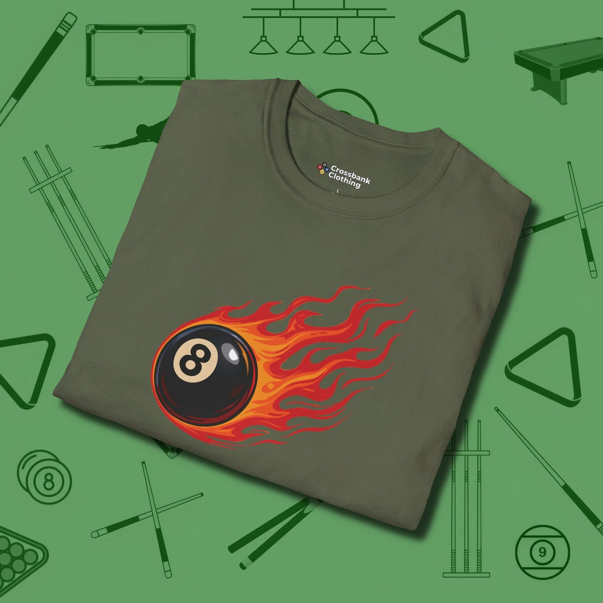 Eight Ball Inferno T-Shirt, folded view, in Military Green ideal for clean hits and clean fits
