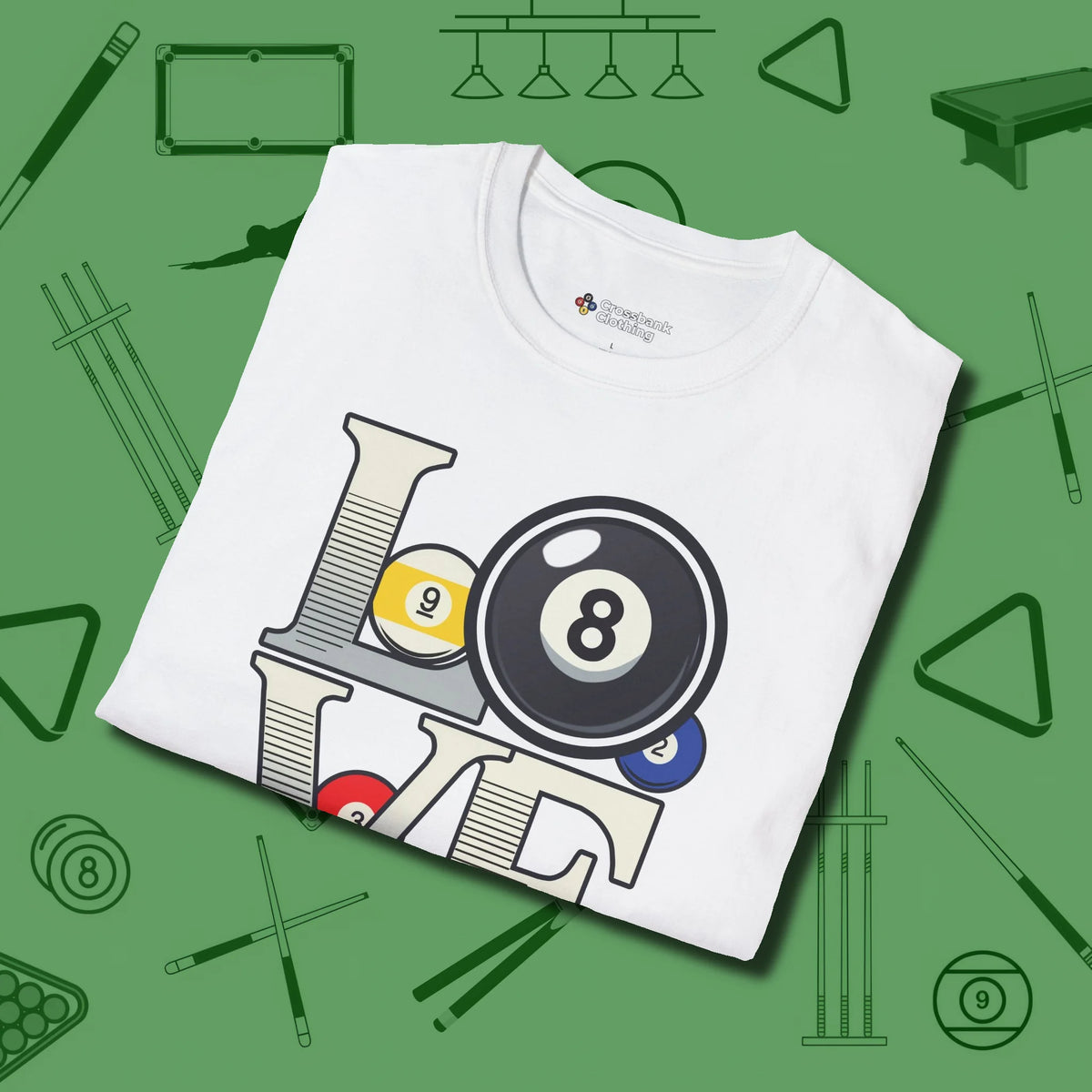 Eight Ball Love T-Shirt, folded view, in White fashion with break-and-run energy