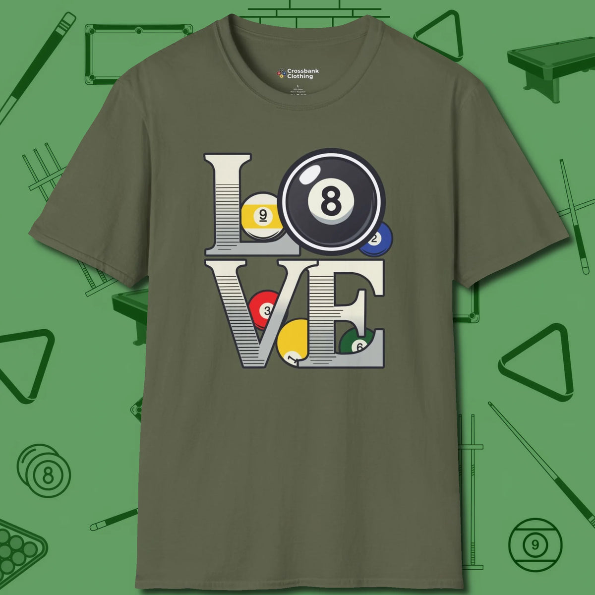 Eight Ball Love T-Shirt, front view, in Military Green cue sports swagger done right