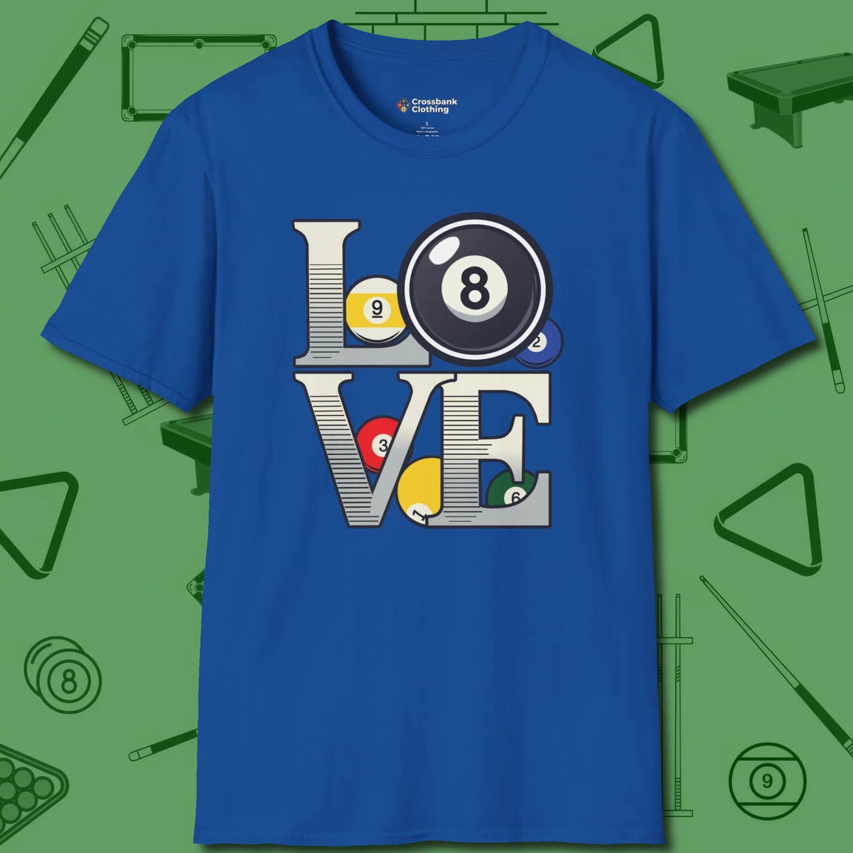 Eight Ball Love T-Shirt, front view, in Royal perfect for players with quiet fire