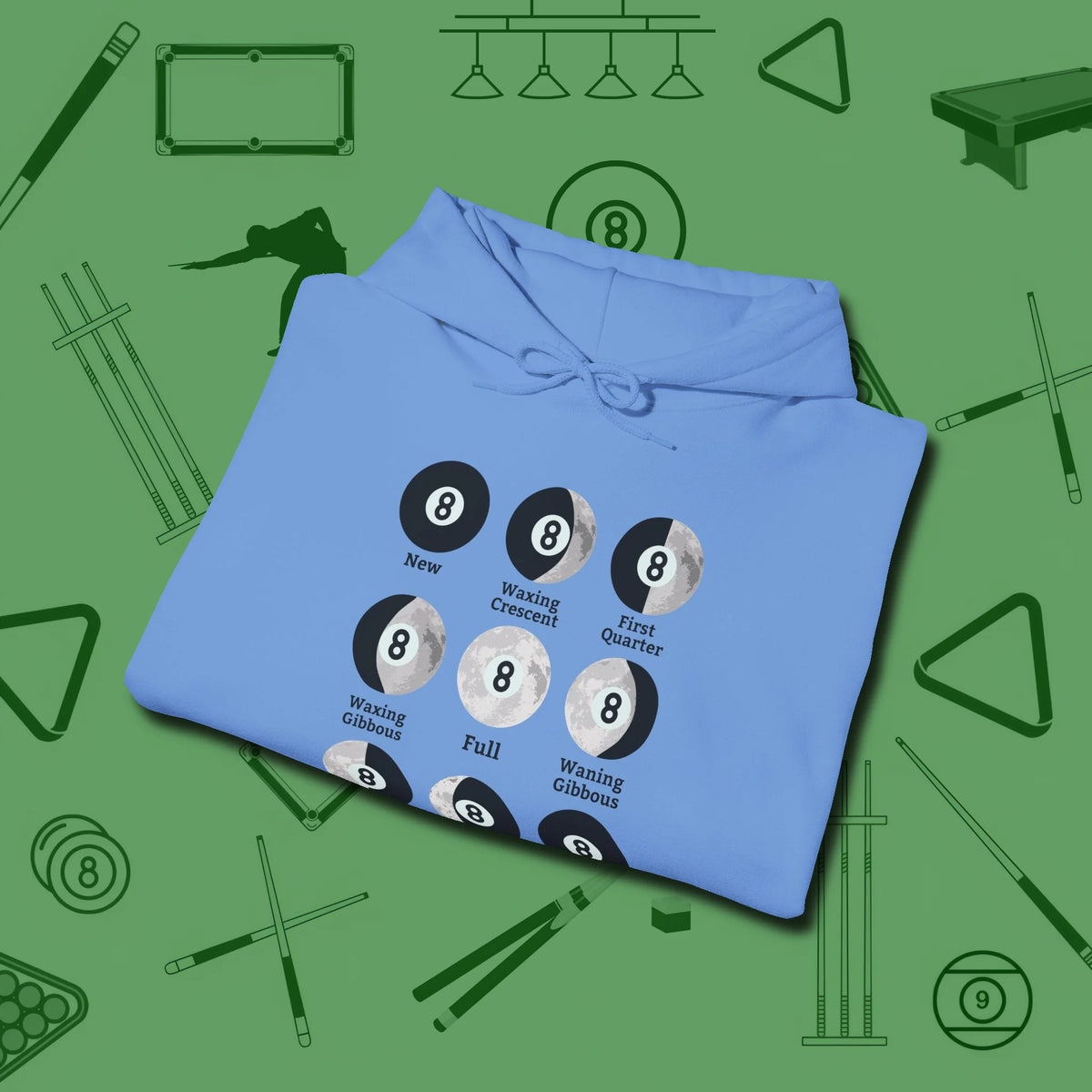 Eight ball Moon Phases Hoodie, folded view, in Carolina Blue because pool isn’t just a game — it’s who you are