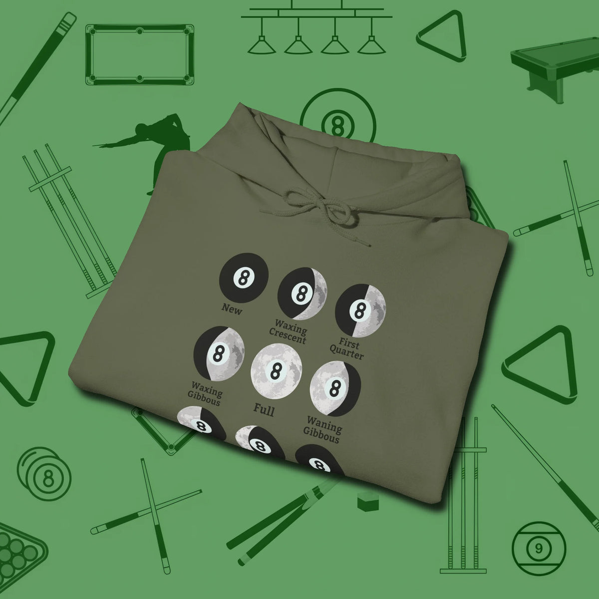 Eight ball Moon Phases Hoodie, folded view, in Military Green clean lines for dirty minds