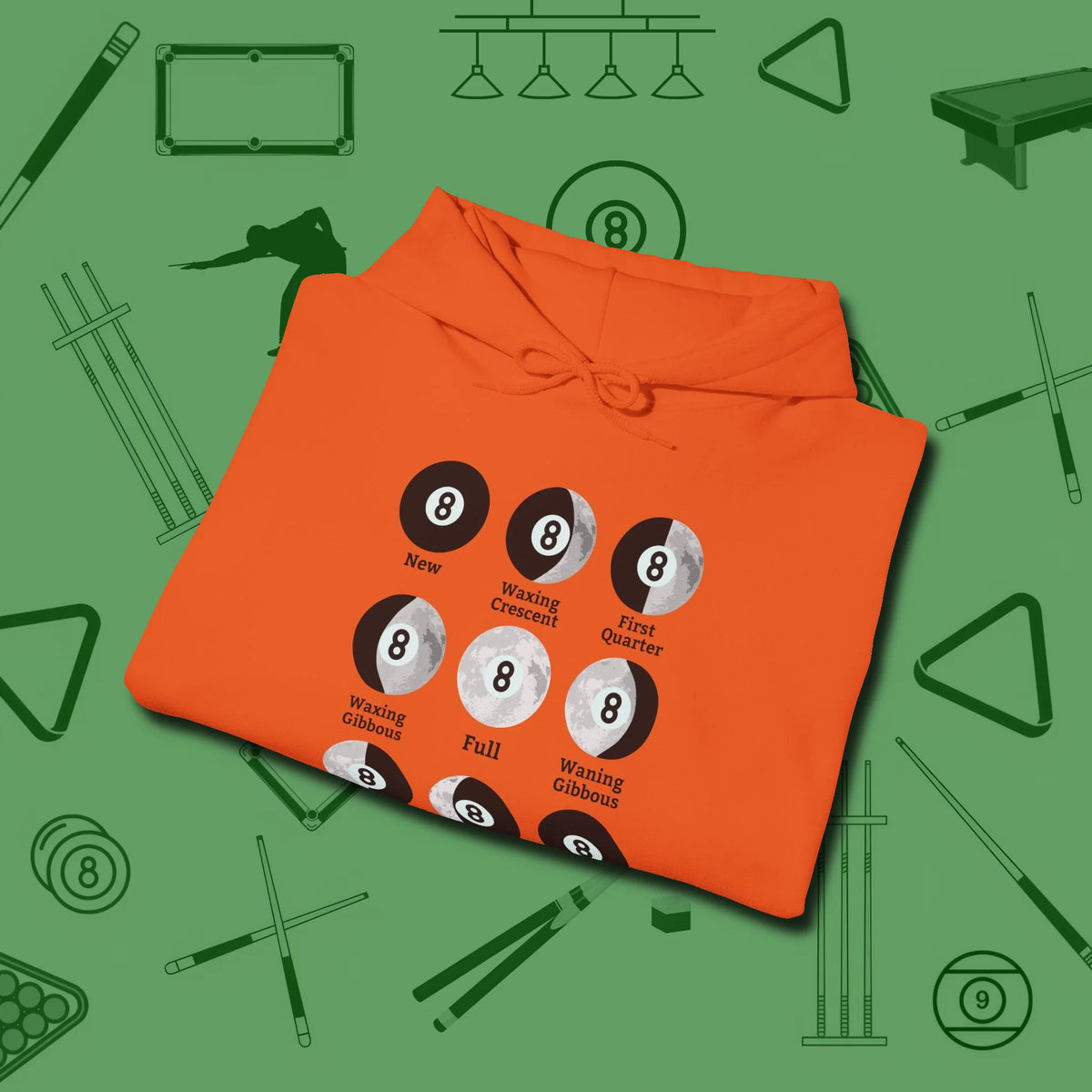 Eight ball Moon Phases Hoodie, folded view, in Orange the official uniform of the after-hours crew