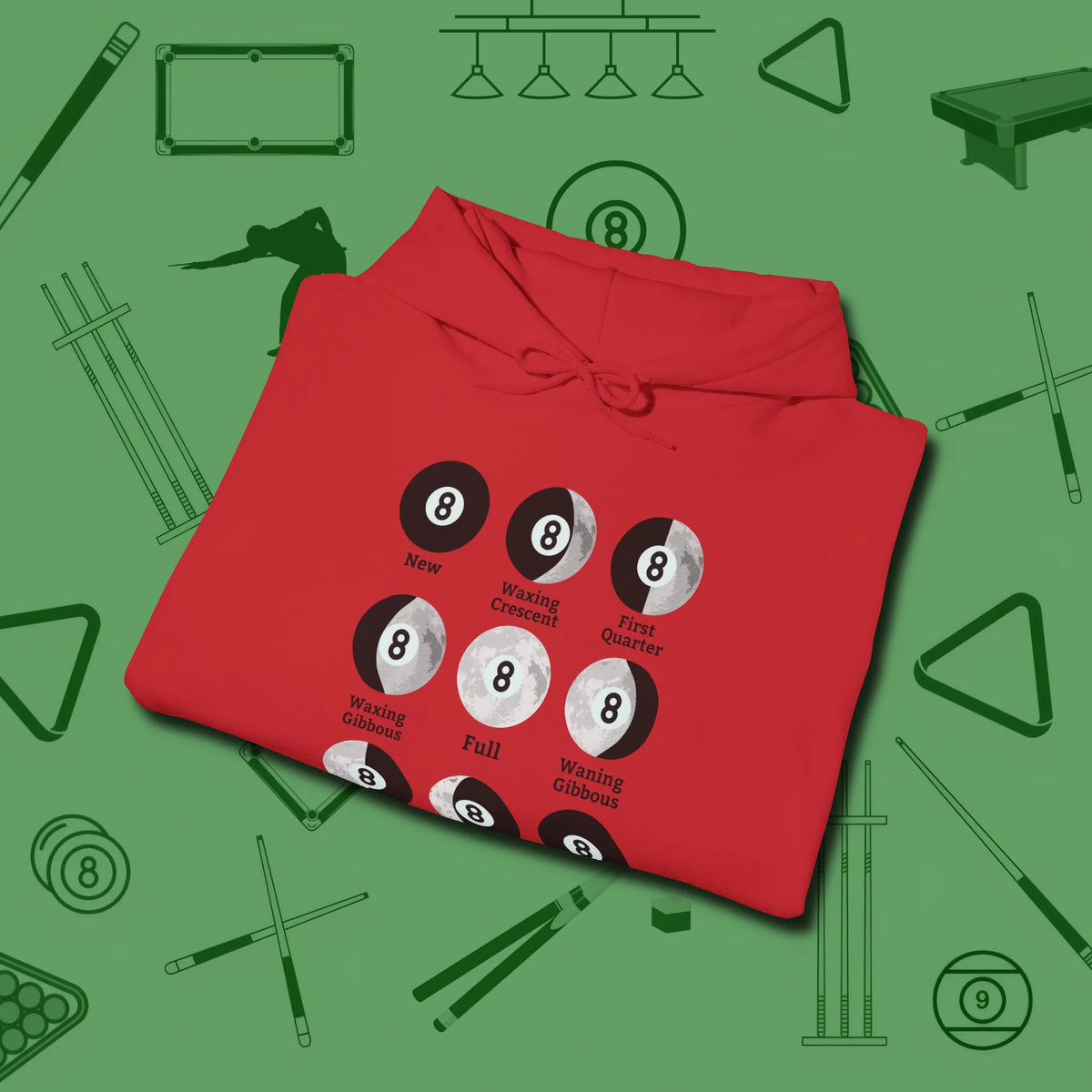 Eight ball Moon Phases Hoodie, folded view, in Red dress for the shot you want to take