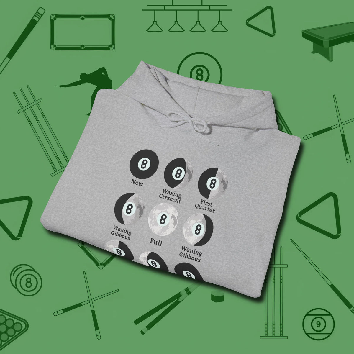 Eight ball Moon Phases Hoodie, folded view, in Sport Grey subtle drip for serious shooters