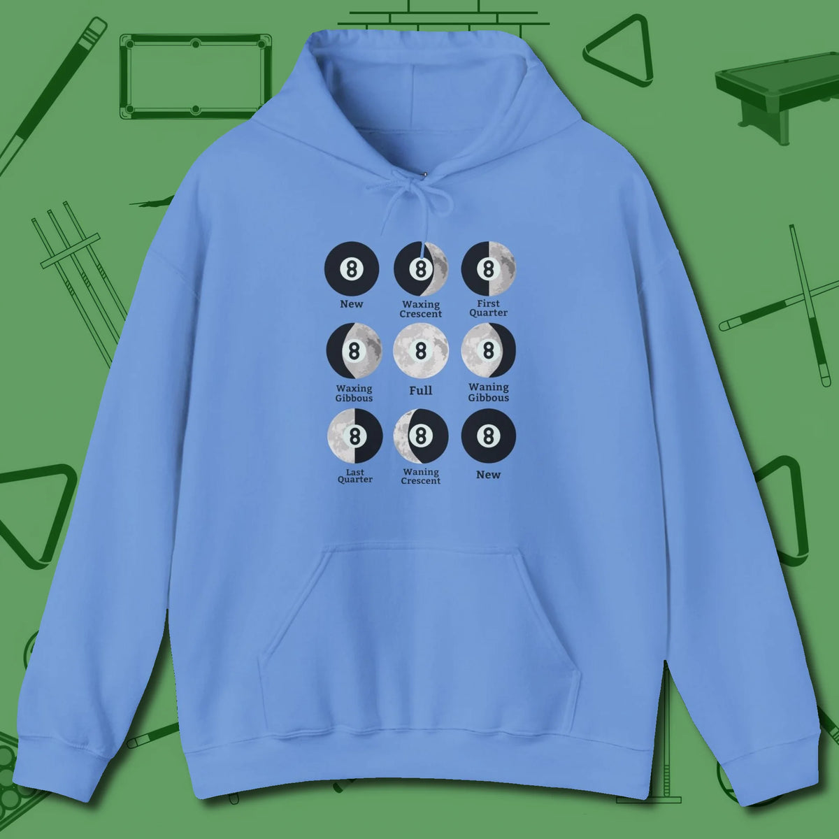 Eight ball Moon Phases Hoodie, front view, in Carolina Blue a clean fit for the dirtiest safeties