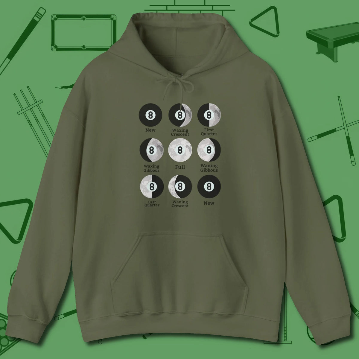 Eight ball Moon Phases Hoodie, front view, in Military Green clean lines for dirty minds