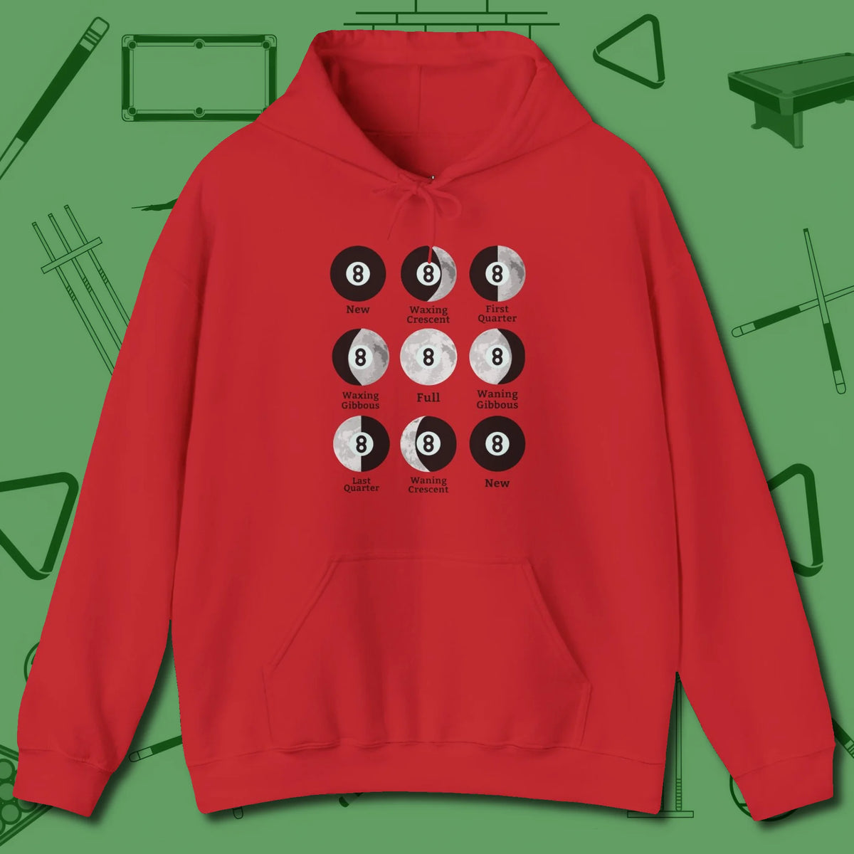 Eight ball Moon Phases Hoodie, front view, in Red the shirt that plays position