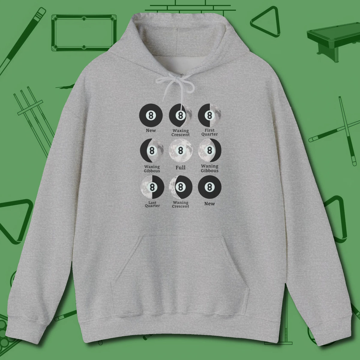 Eight ball Moon Phases Hoodie, front view, in Sport Grey table-tested, street-approved style
