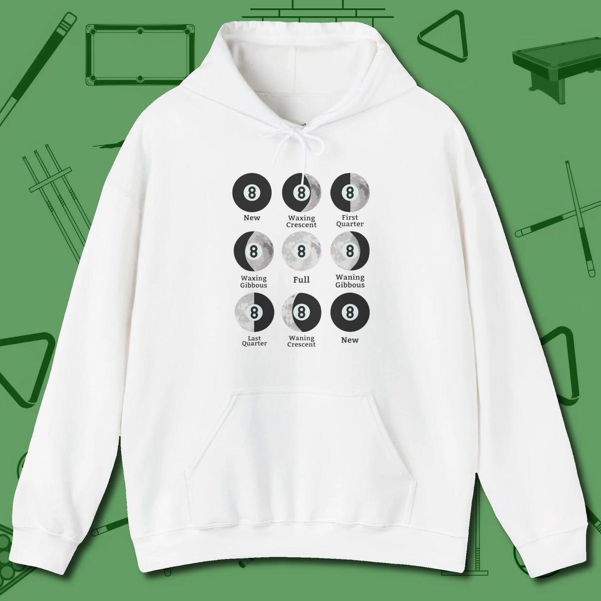 Eight ball Moon Phases Hoodie, front view, in White look good while calling your pocket