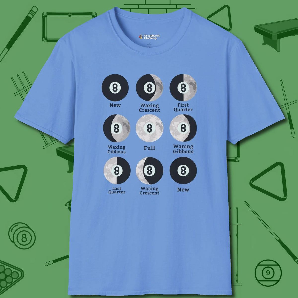 Eight ball Moon Phases T-Shirt, front view, in Carolina Blue styled to dominate from rack to run-out