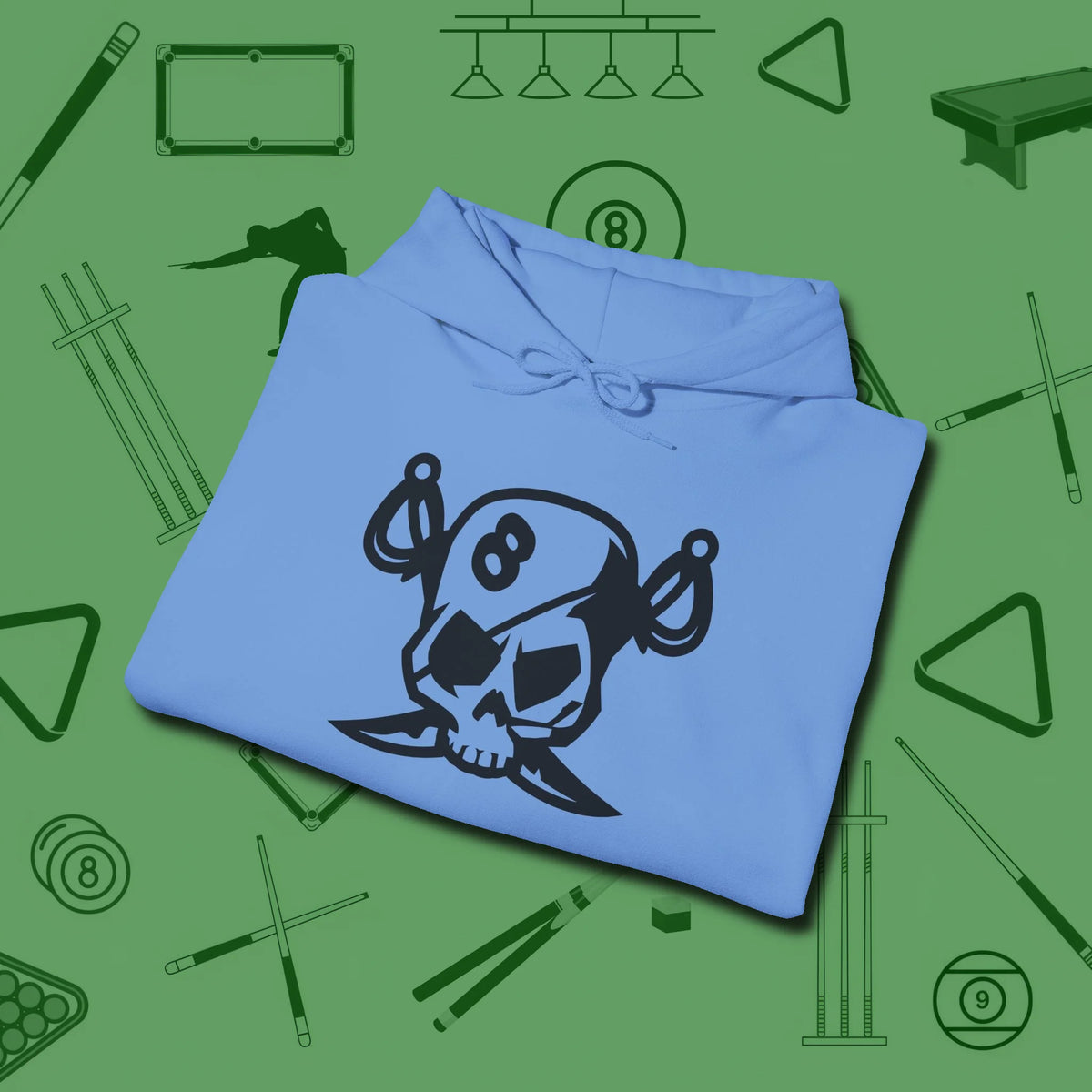 Eight Ball Pirate Skull Hoodie, folded view, in Carolina Blue where style and cue discipline collide
