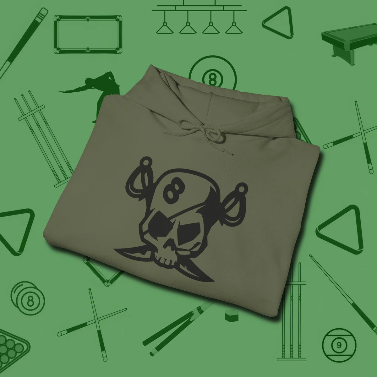Eight Ball Pirate Skull Hoodie, folded view, in Military Green play in style, win in silence