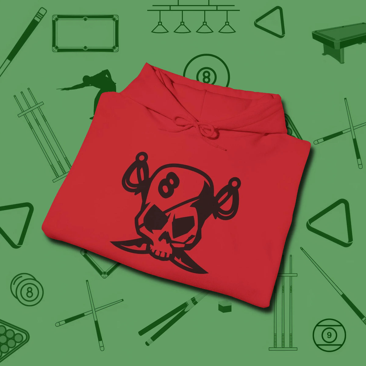 Eight Ball Pirate Skull Hoodie, folded view, in Red play in style, win in silence