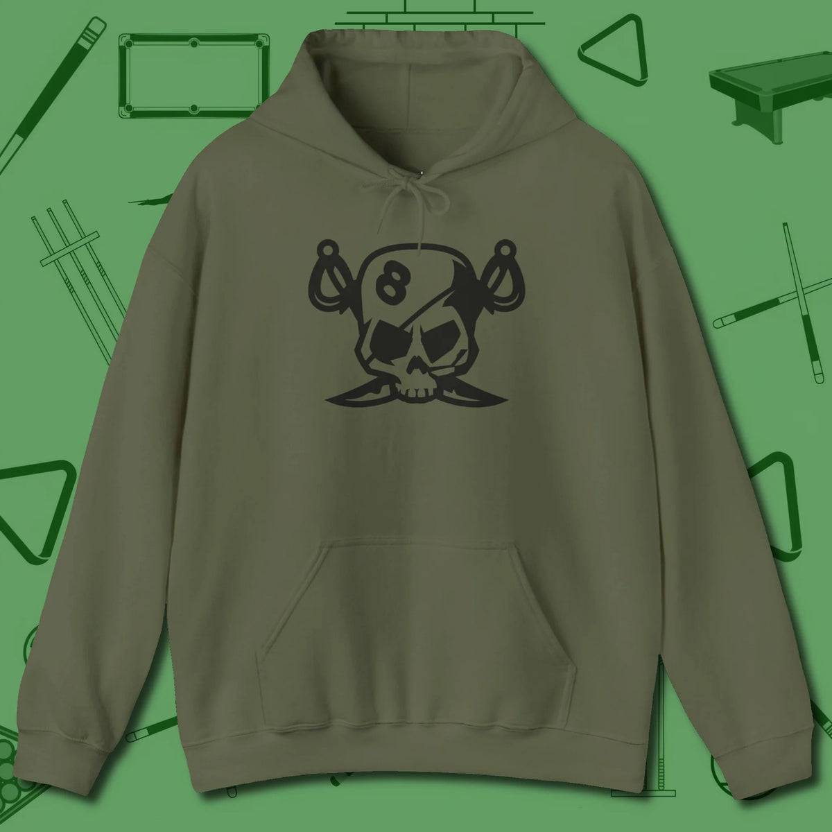 Eight Ball Pirate Skull Hoodie, front view, in Military Green a clean fit for the dirtiest safeties