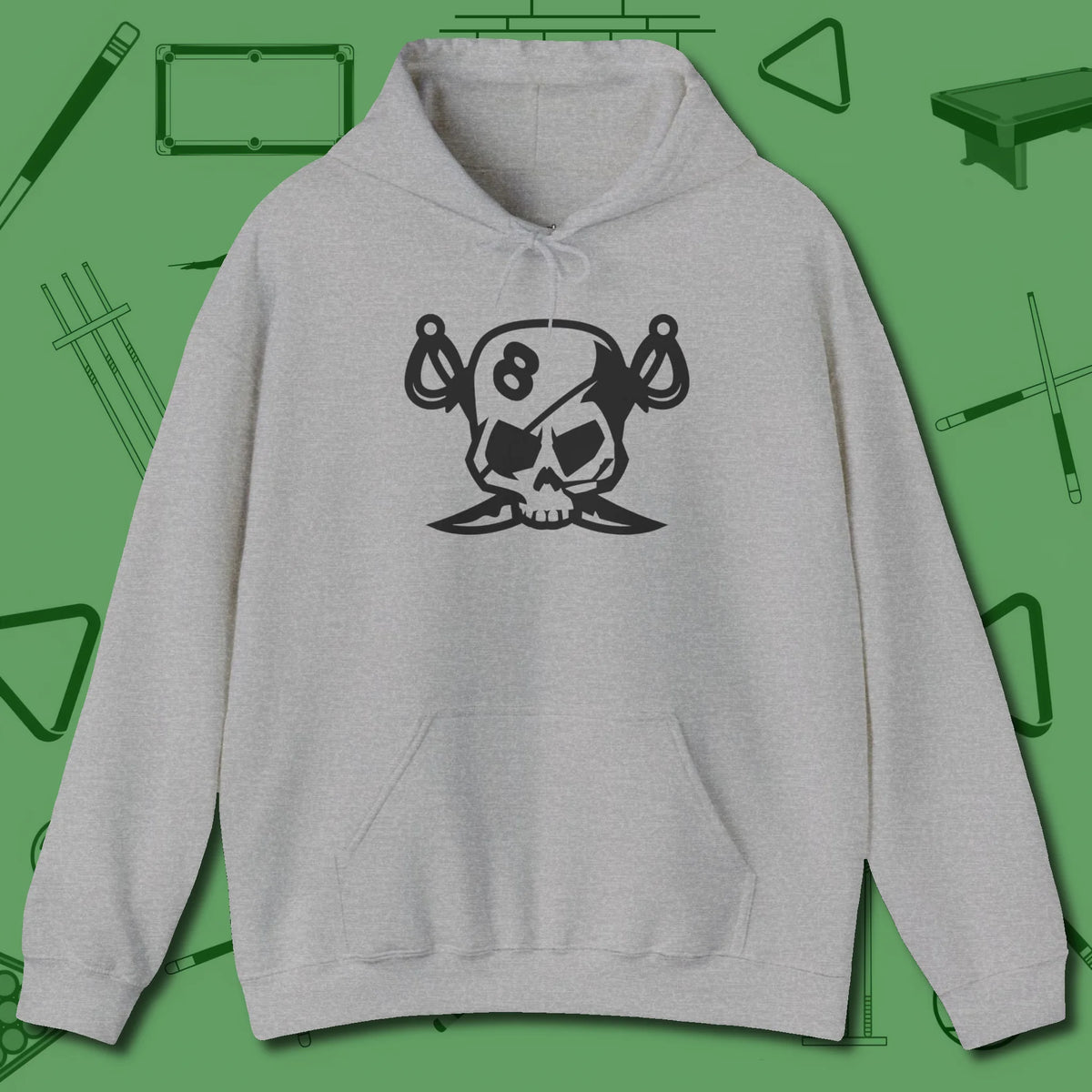 Eight Ball Pirate Skull Hoodie, front view, in Sport Grey the shirt that plays position
