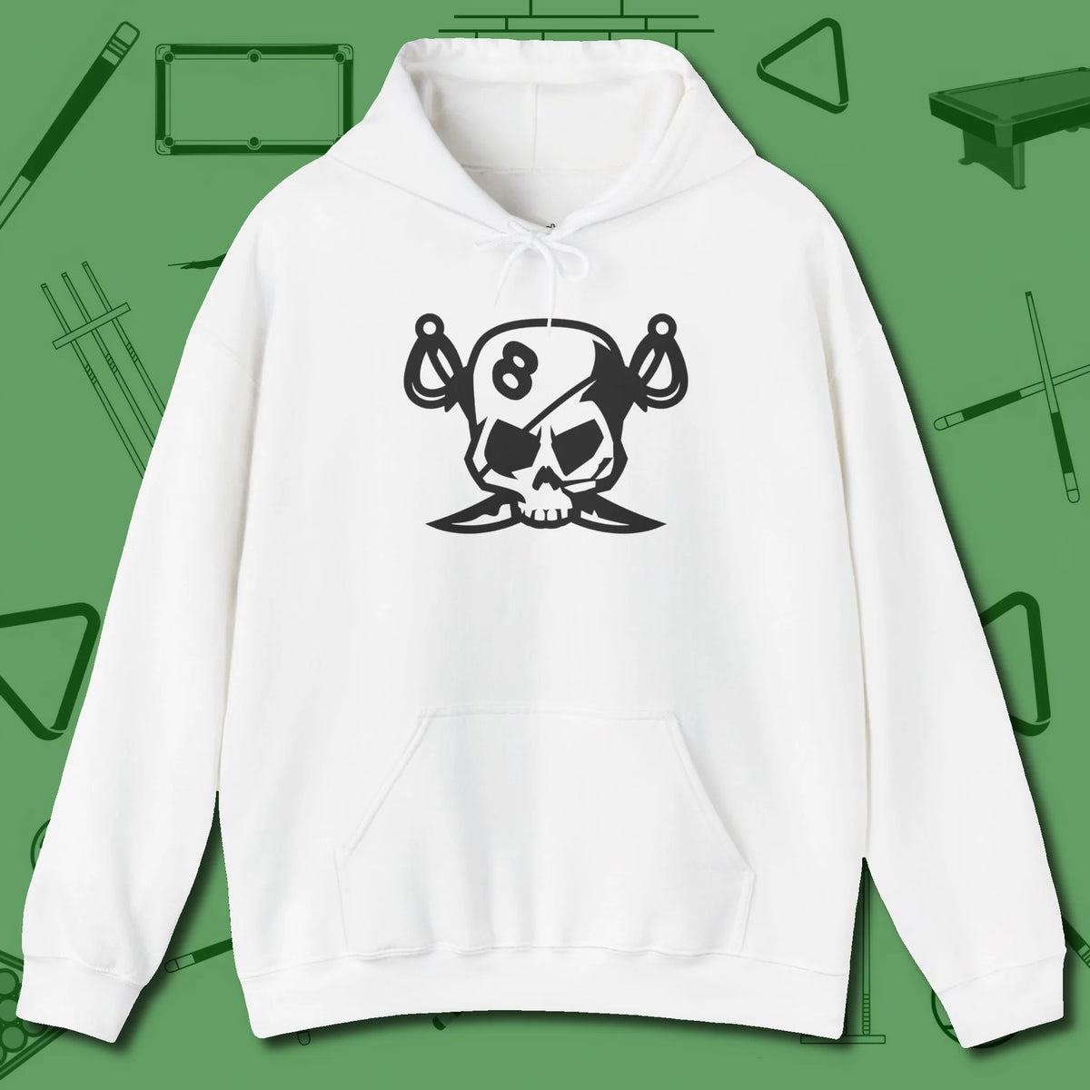 Eight Ball Pirate Skull Hoodie, front view, in White table-tested, street-approved style