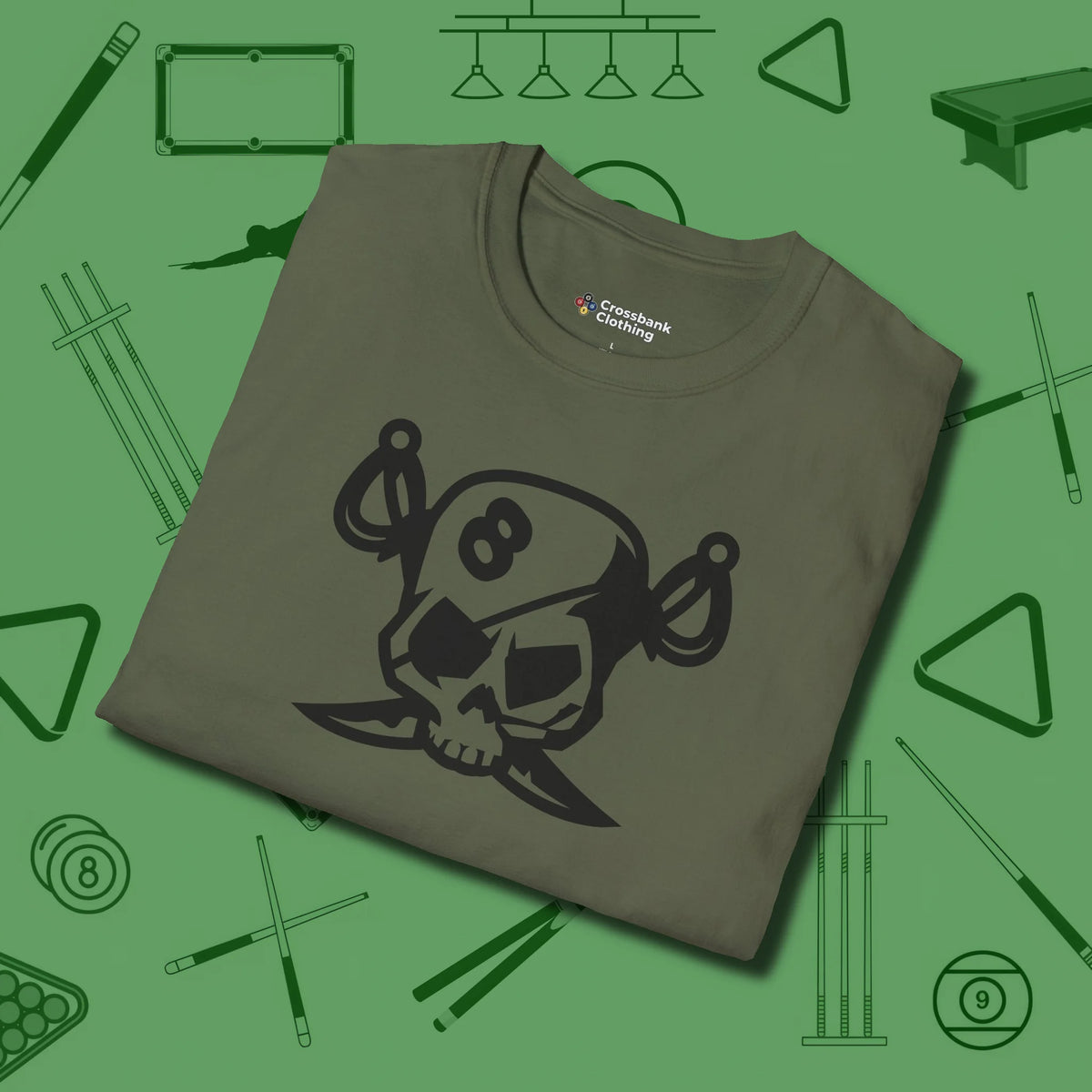 Eight Ball Pirate Skull T-Shirt, folded view, in Military Green styled to dominate from rack to run-out