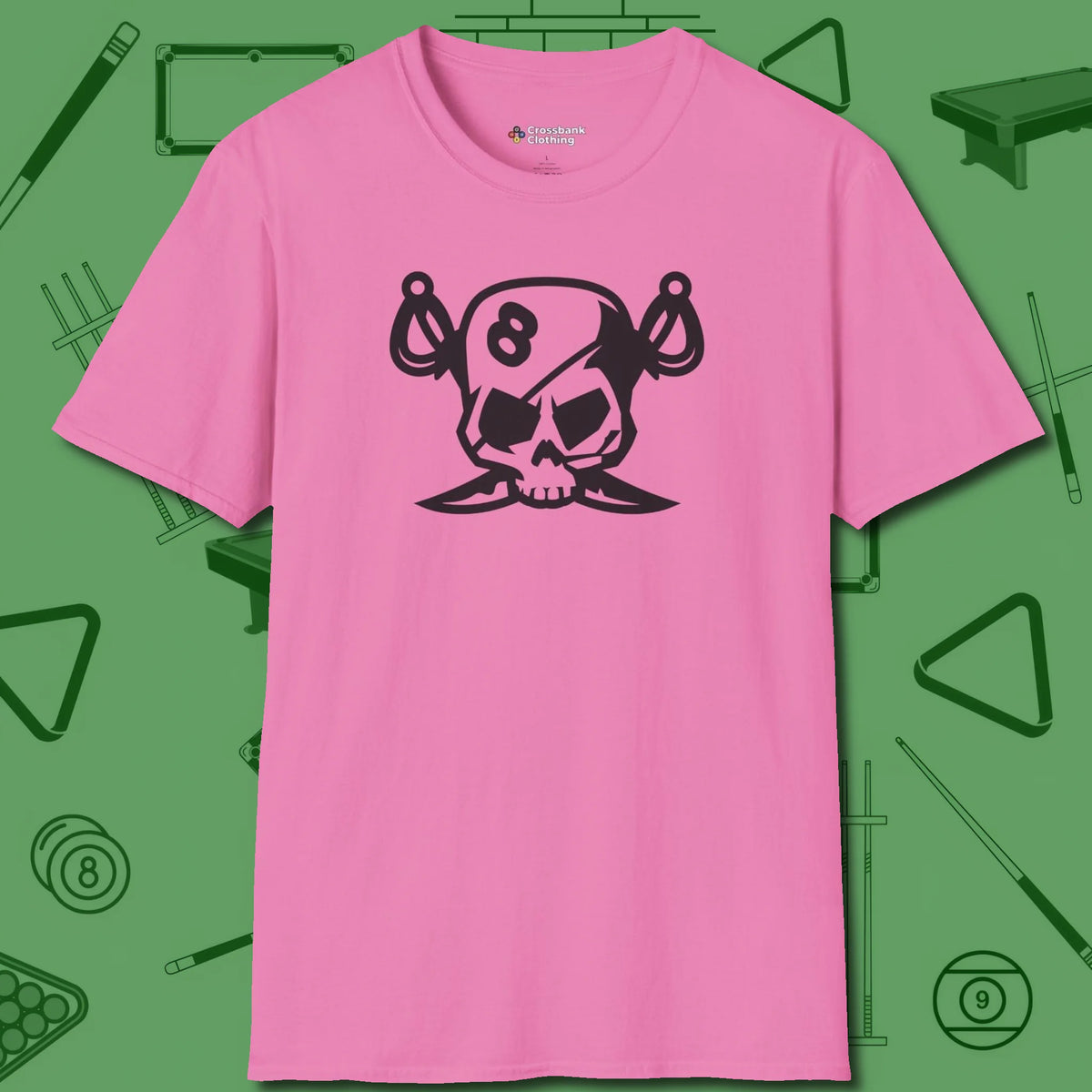 Eight Ball Pirate Skull T-Shirt, front view, in Azalea a clean fit for the dirtiest safeties