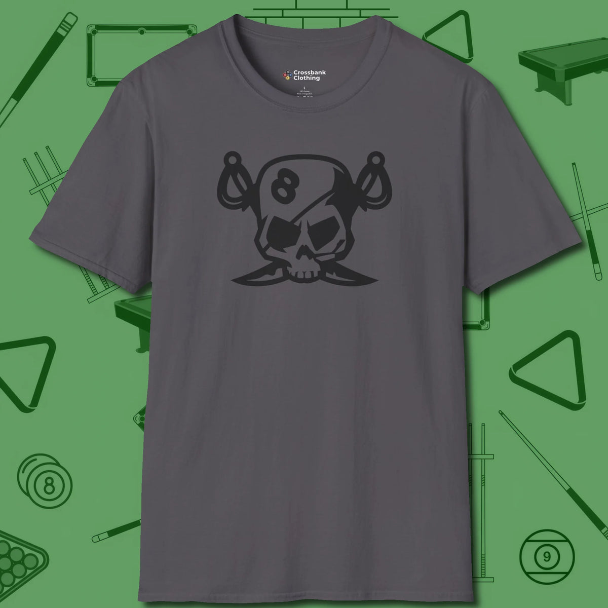 Eight Ball Pirate Skull T-Shirt, front view, in Charcoal classic cue style, no gimmicks